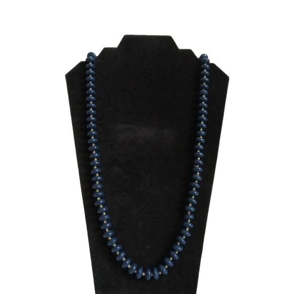 Vintage Navy Blue & Gold Toned Single Strand Round Alternating Beaded Necklace - Picture 1 of 8